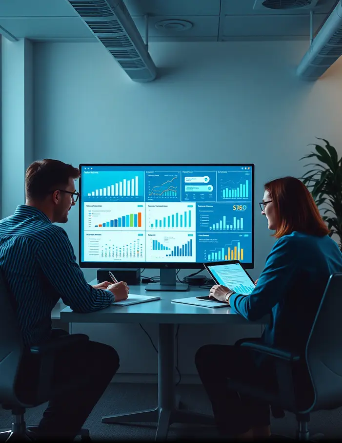 Équipe de marketing créant des articles, infographies et campagnes SEO pour générer des leads et améliorer la conversion, avec analyse des données et tableaux de performance.