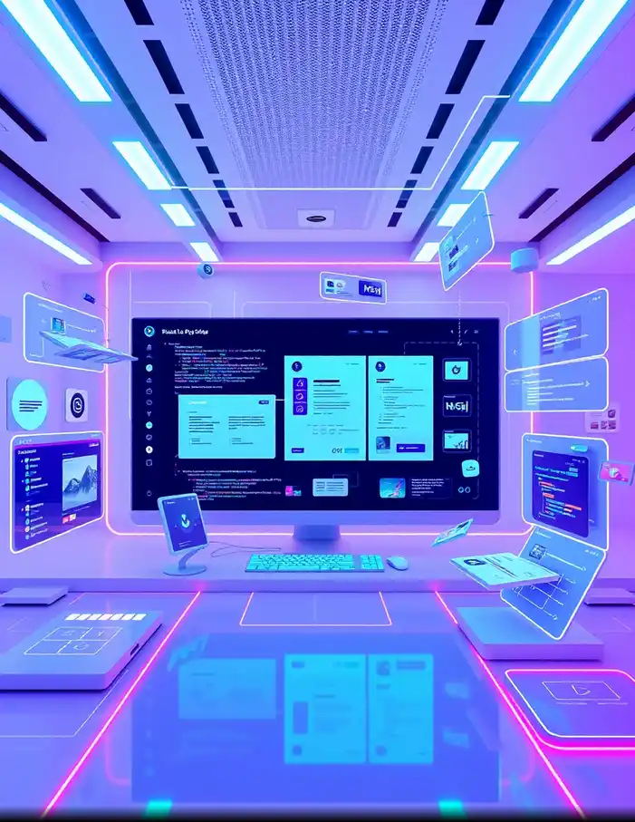 Illustration moderne représentant le low-code et le no-code, avec interfaces visuelles, blocs modulaires et éléments de développement simplifié.