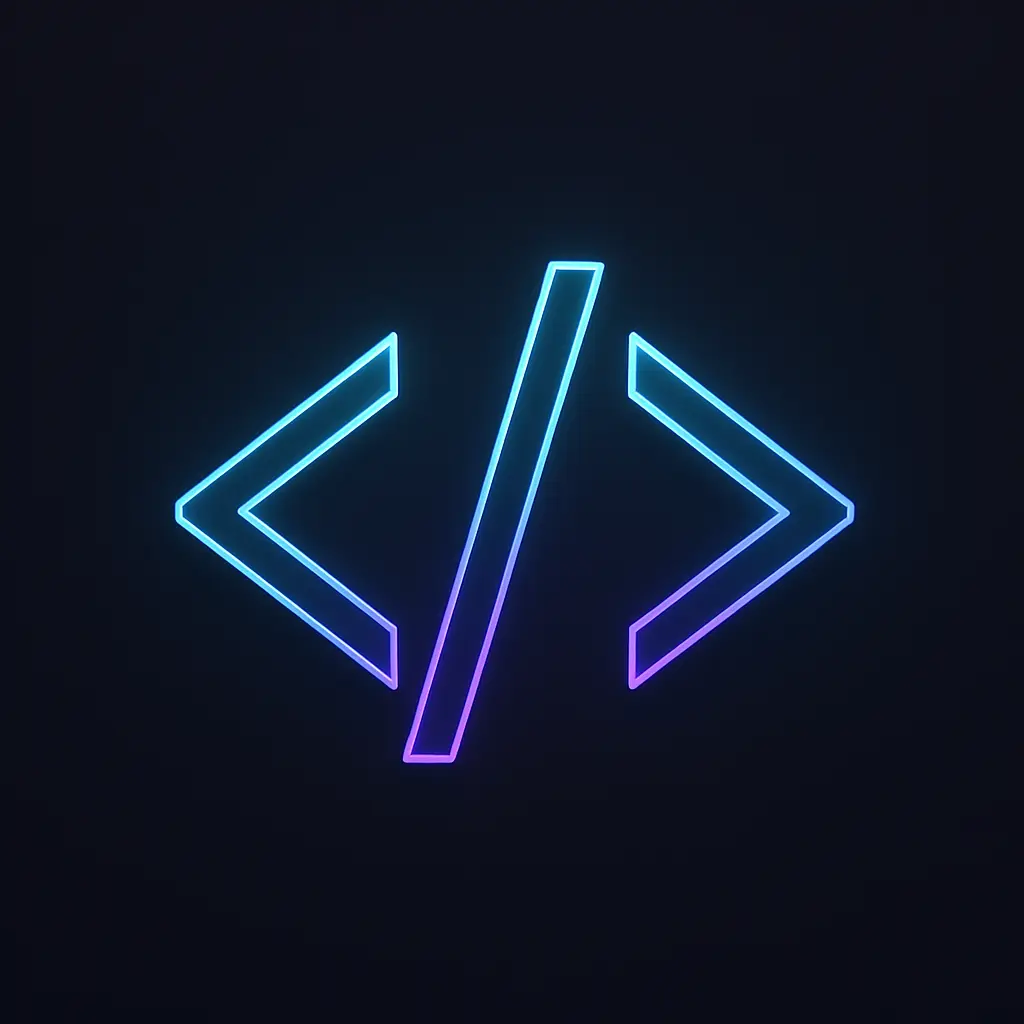 Symbole stylisé en néon bleu et violet sur fond sombre, représentant le code et le développement informatique.