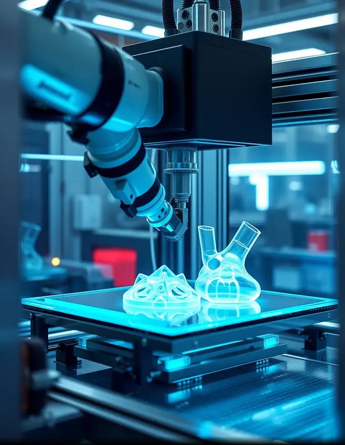 Imprimante 3D industrielle à gel en action, créant des structures polymères semi-translucides complexes avec bras robotique dans un environnement futuriste de prototypage avancé.