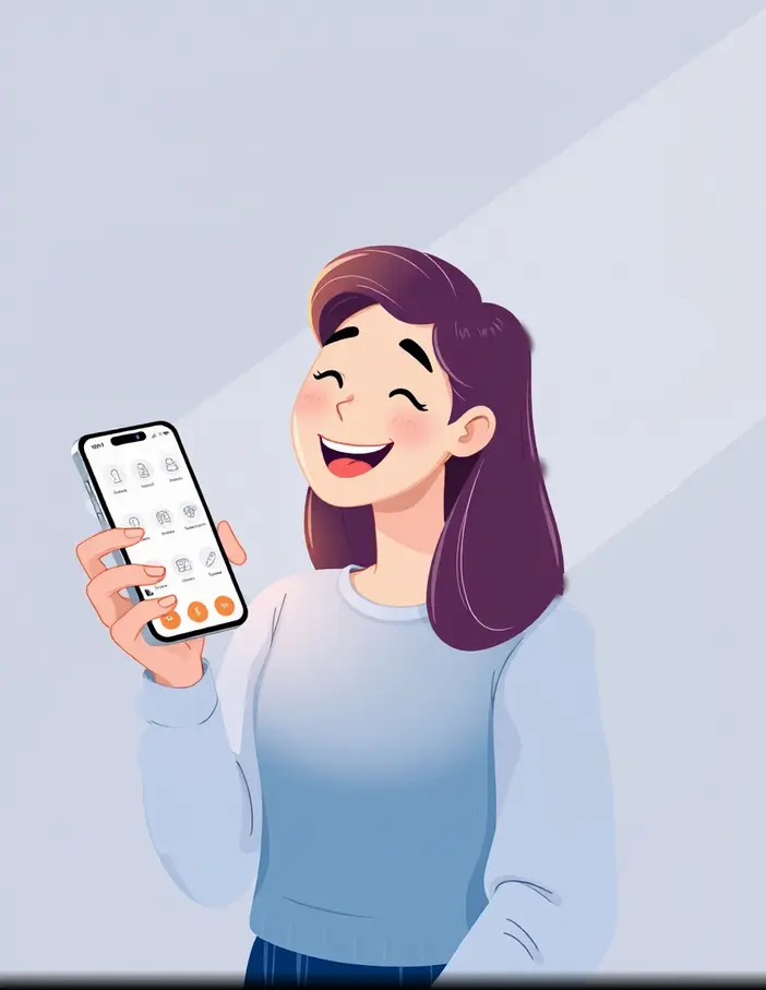 Utilisateur heureux utilisant un smartphone avec interface claire et navigation fluide, illustrant les avantages du mobile-first