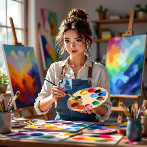 Artiste peintre dans un atelier tenant une palette de couleurs montrant différentes harmonies colorimétriques comme les complémentaires, analogues et triadiques.