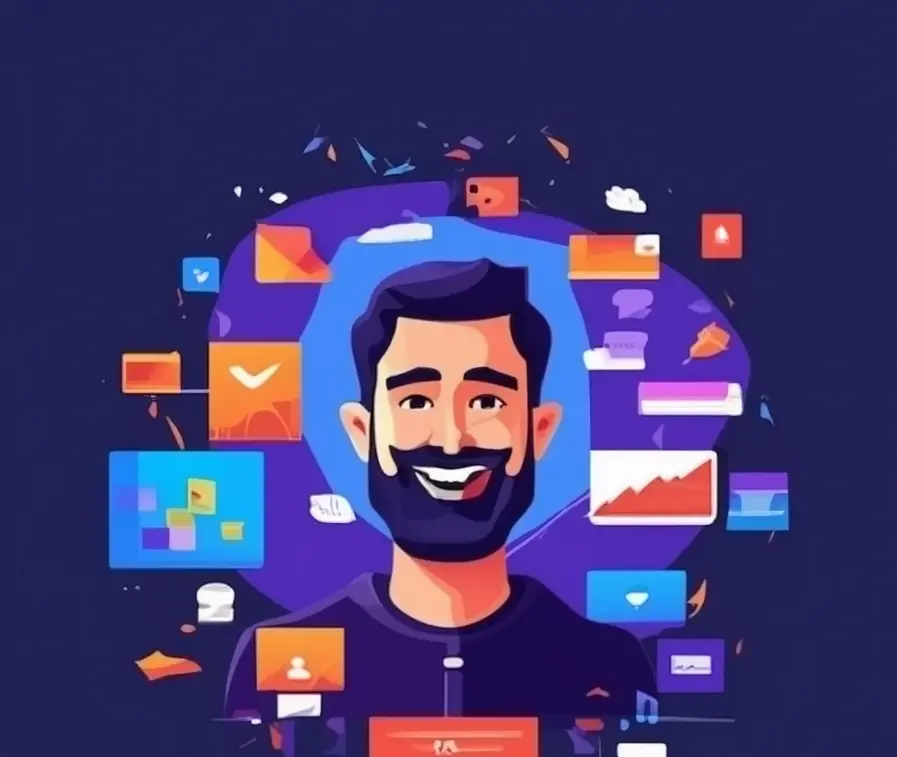 Créateur de contenu entouré de vidéos, articles et infographies illustrant une stratégie de marque innovante et dynamique