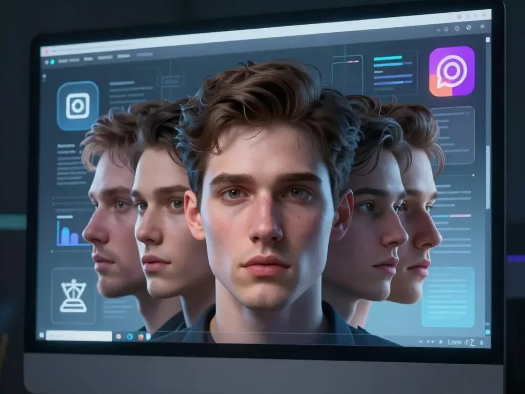 Visage humain se transformant en plusieurs visages numériques sur un écran, symbolisant la manipulation par deepfake et les risques pour les entreprises