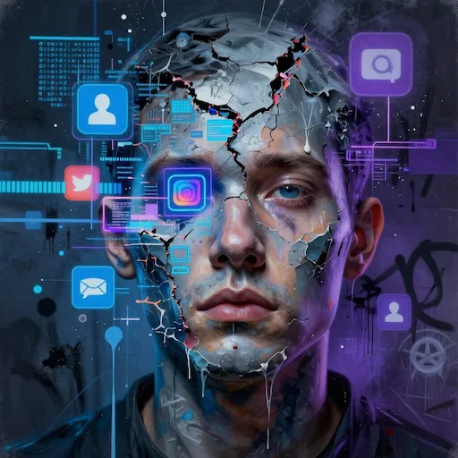 Visage humain fissuré révélant des fragments numériques, symbolisant un deepfake et les dangers pour la réputation des marques, avec écrans, réseaux sociaux et lignes de code en arrière-plan