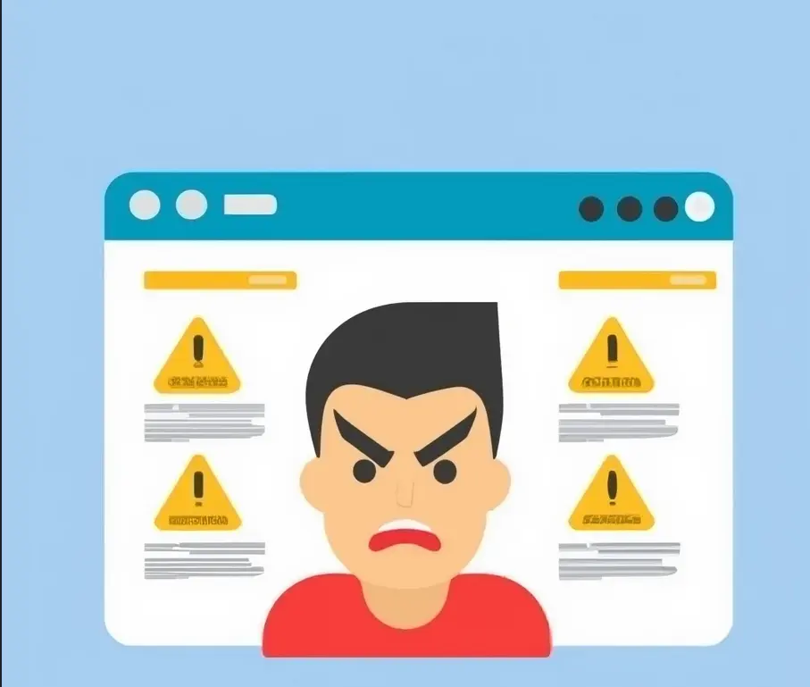 Flat design illustration d'un utilisateur frustré face à un site web confus avec boutons mal alignés et menus peu clairs