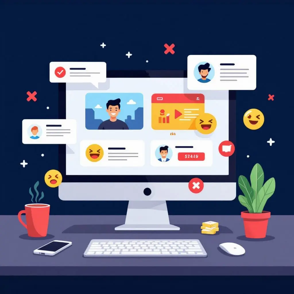 Illustration des erreurs à éviter avec les micro-interactions sur un site web : animations distrayantes, pop-ups envahissants et utilisateurs frustrés.