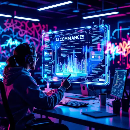 Illustration représentant le concept de prompt engineering avec une personne interagissant avec une IA sur des écrans holographiques futuristes