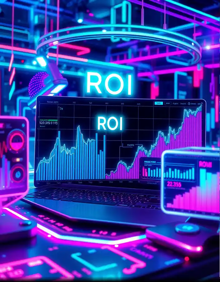 Illustration futuriste et digitale du ROI en publicité en ligne, avec des graphiques holographiques lumineux, des écrans 3D affichant des indicateurs de performance et des flux de données néon, représentant le marketing digital et l’analyse de données.