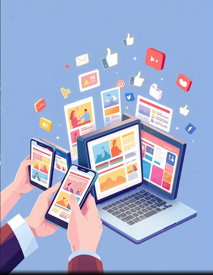 Illustration de smartphones et ordinateurs affichant des visuels attractifs sur les réseaux sociaux avec likes, partages et commentaires, montrant l’importance du contenu visuel pour l’engagement.
