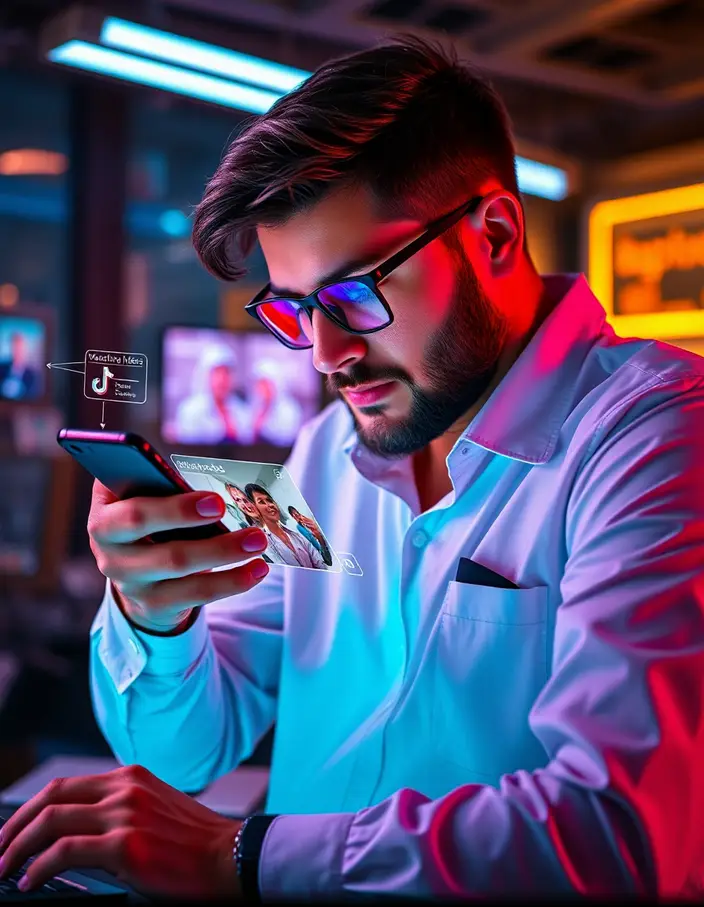 Illustration marketing montrant un manager analysant des vidéos courtes sur smartphone avec interfaces sociales modernes.