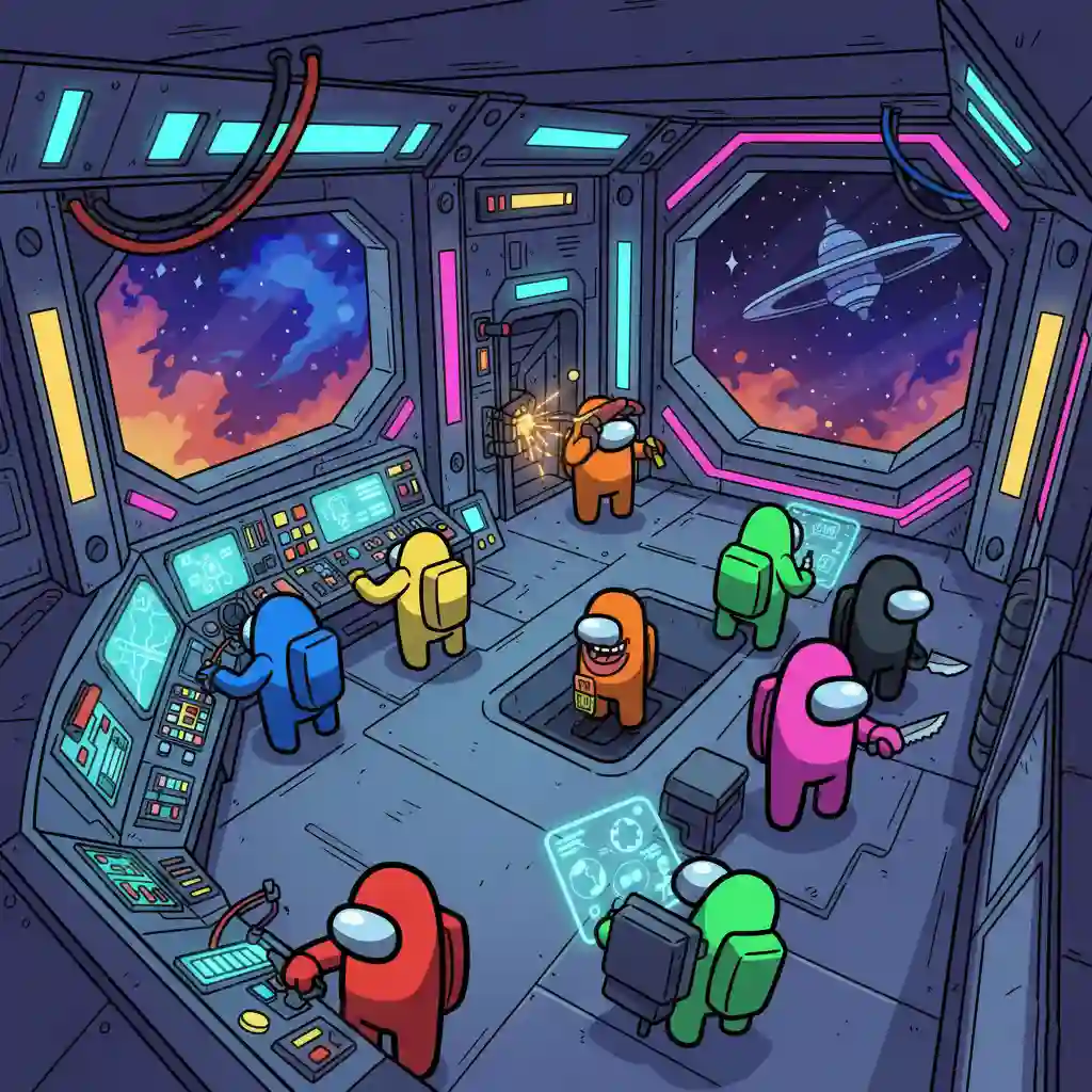 Personnages du jeu Among Us dans un vaisseau spatial coloré, illustration cartoon et immersive du jeu vidéo en ligne
