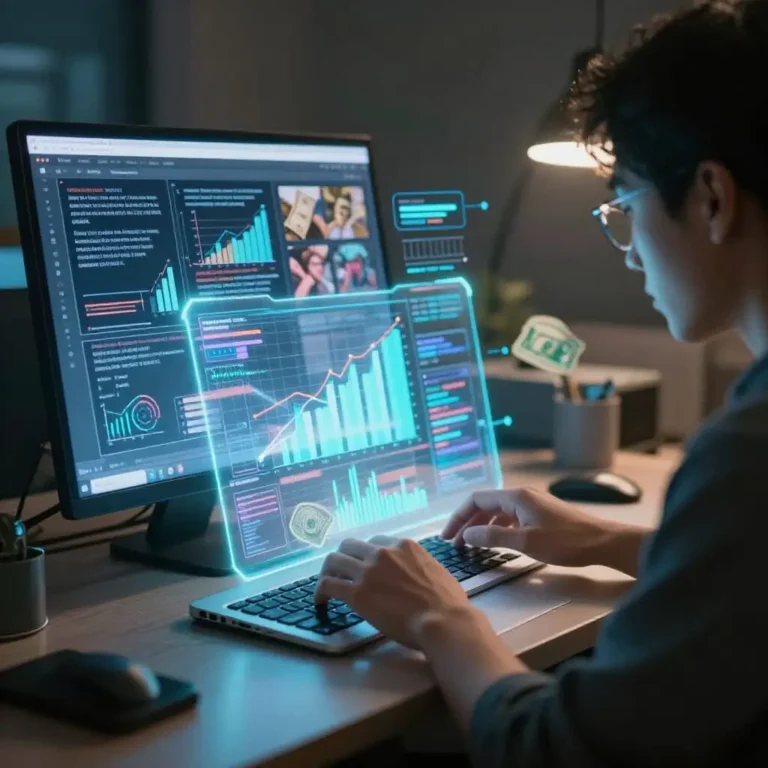 Personne utilisant des outils IA pour générer de l’argent en ligne avec contenu numérique et graphiques futuristes