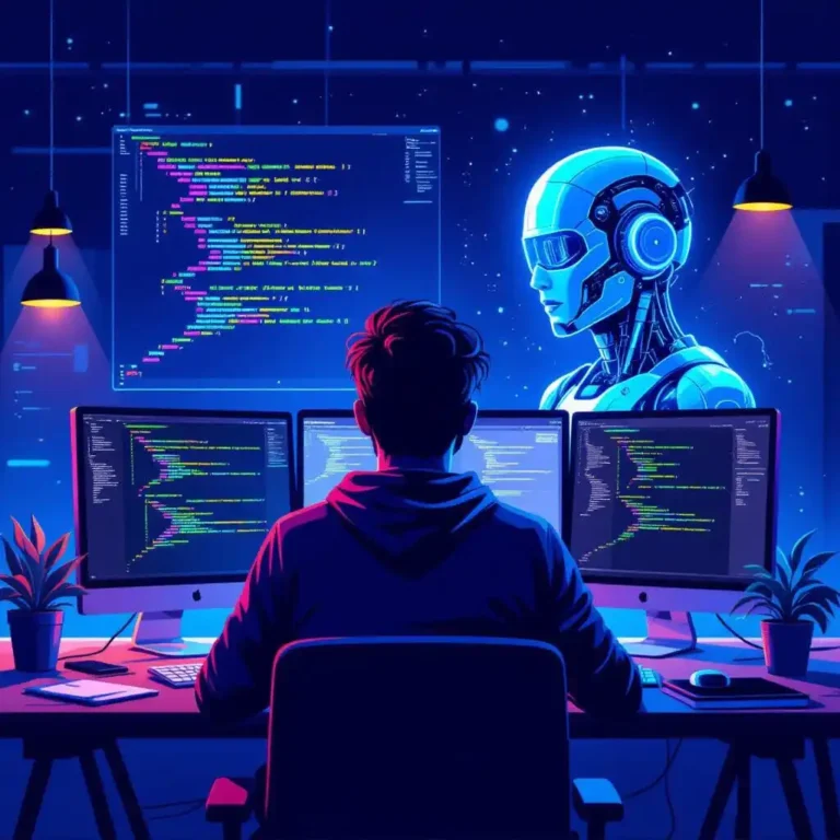 Illustration représentant un développeur utilisant Tailwind CSS face à une intelligence artificielle générant du code, symbolisant l’impact de l’IA sur le développement web.
