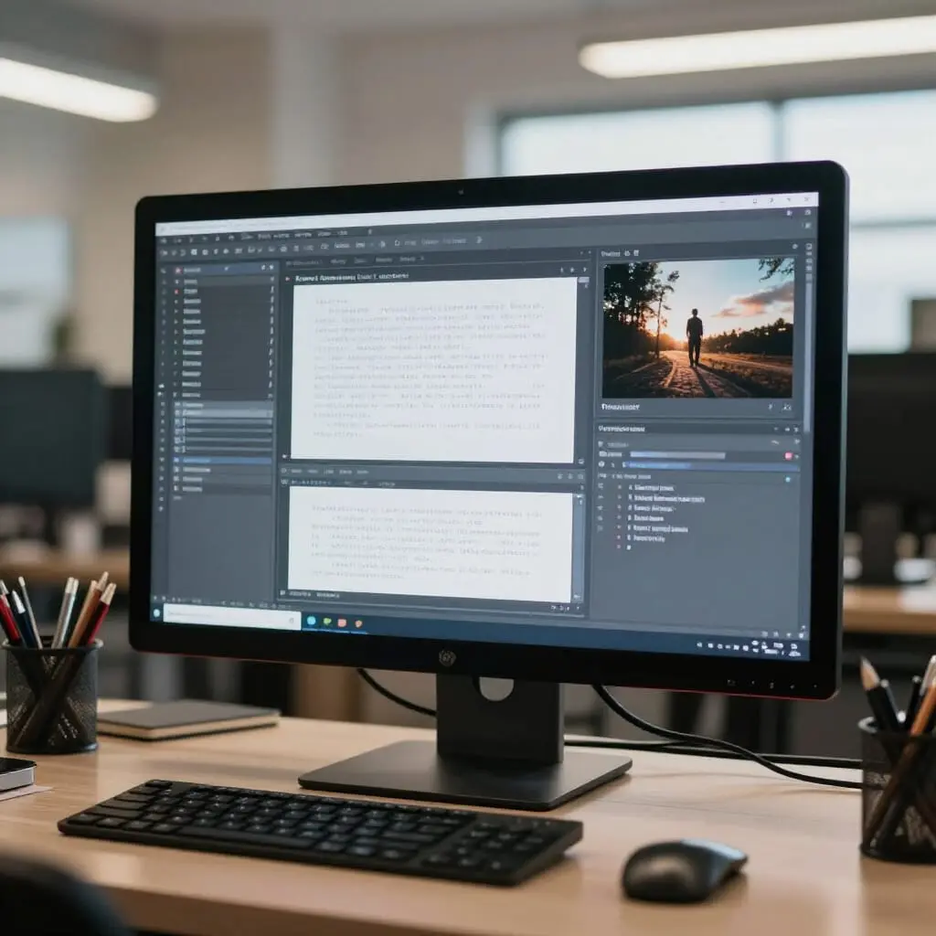 Création de contenu monétisable avec l’IA sur ordinateur, incluant texte, images et vidéos générés automatiquement
