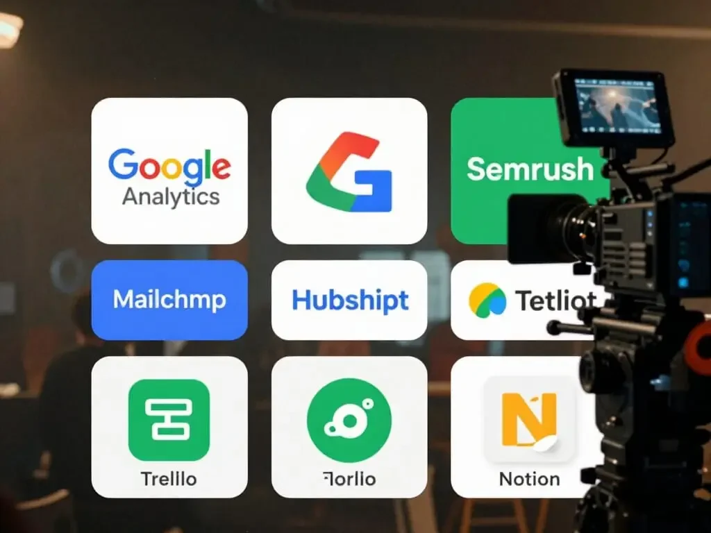 Illustration des principaux outils utilisés par les webmarketers comme Google Analytics, Ads, Mailchimp et Trello
