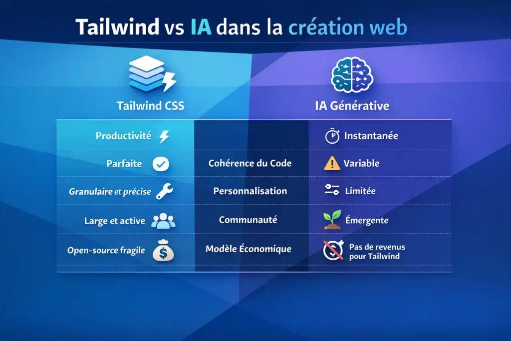 Infographie comparant Tailwind CSS et l'IA générative : productivité, cohérence du code, personnalisation, communauté et modèle économique.