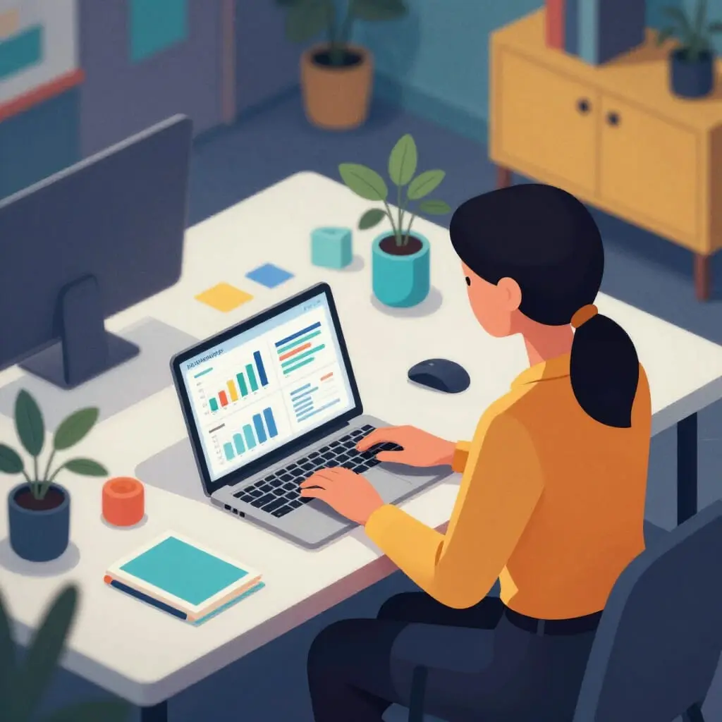 Webmarketer travaillant sur un ordinateur avec graphiques et tableaux, illustration du marketing digital