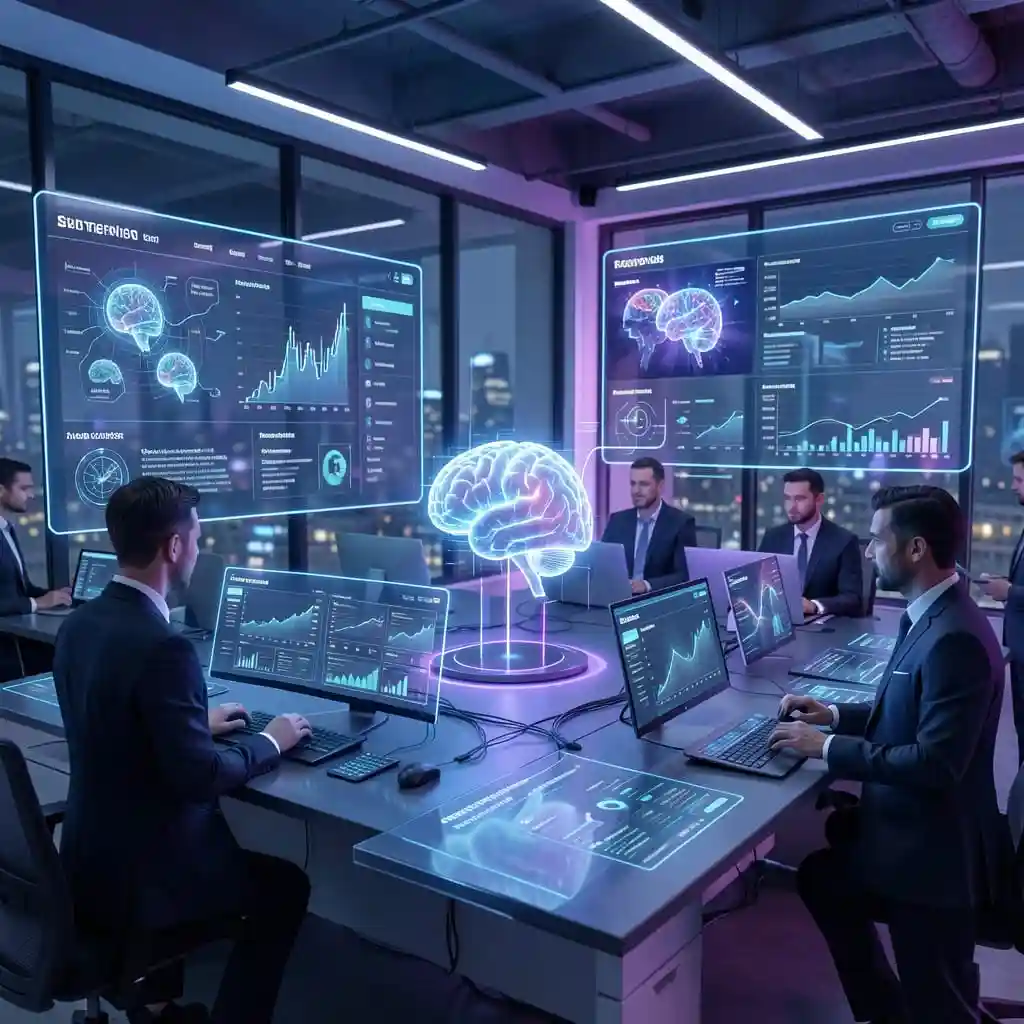 Illustration de la transformation digitale et de l’intelligence artificielle en entreprise avec interfaces numériques et analyse de données