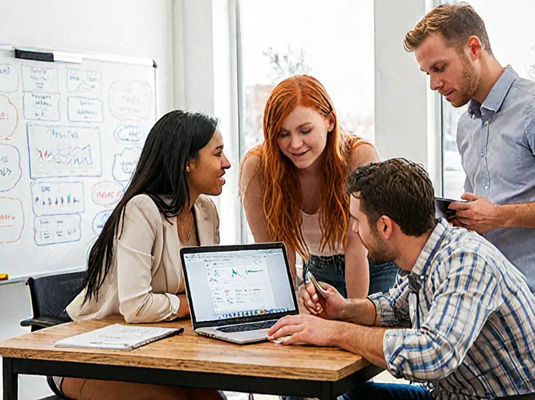 Équipe de startup autour d'un ordinateur portable, tableau blanc avec wireframes